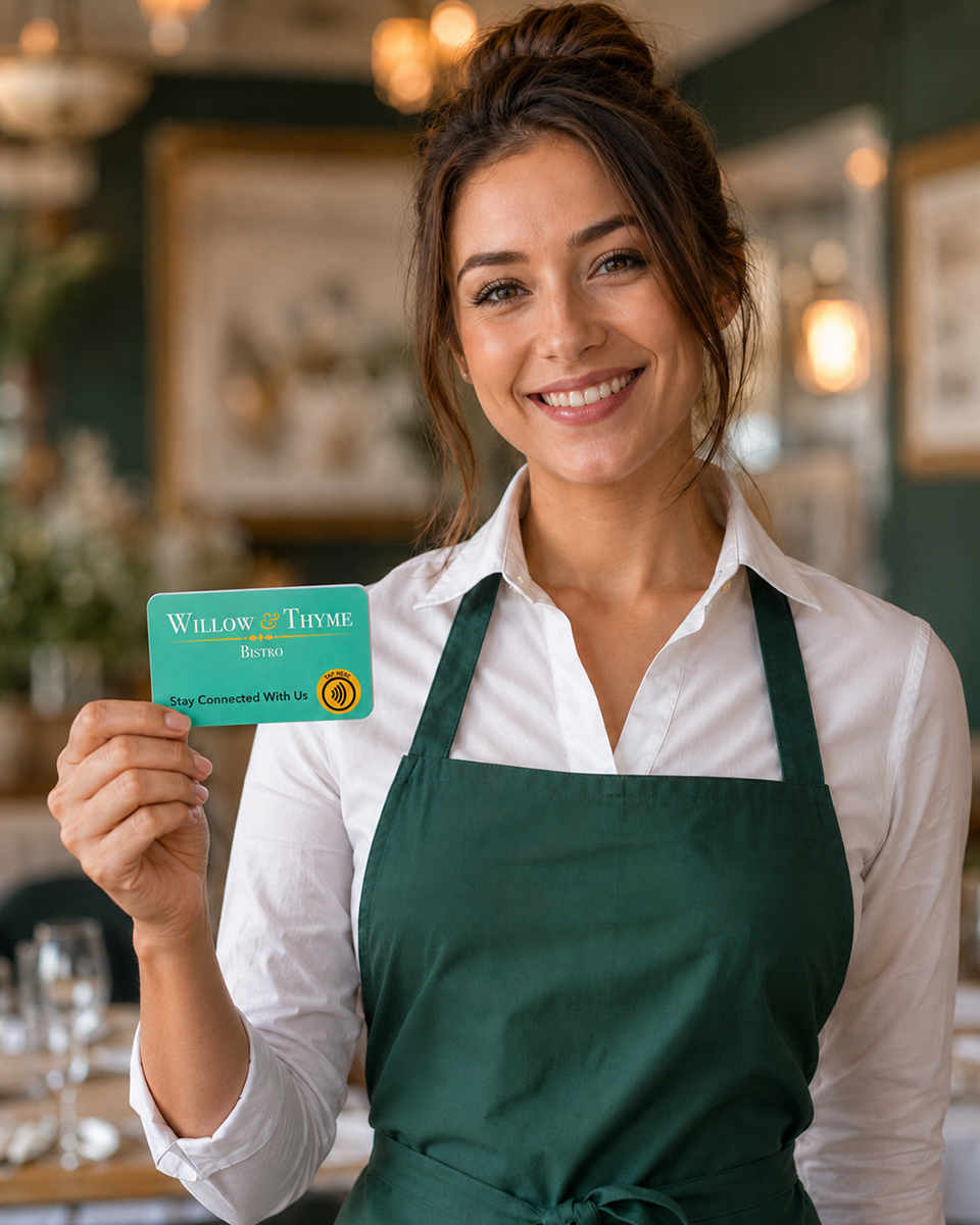 Server holding a TableTaps card